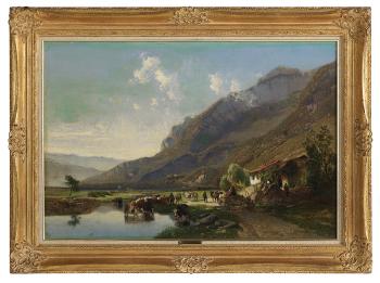 Landscape With Cattle Figures and Mountains in the Background by 
																	Joseph Quinaux